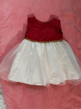Red and White Tulle Party Dress with Gold Trim